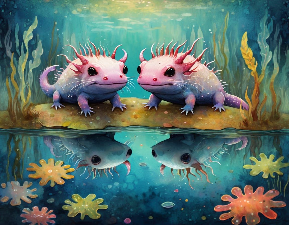 Cute Axolotl Duo in a Serene Gouache Landscape