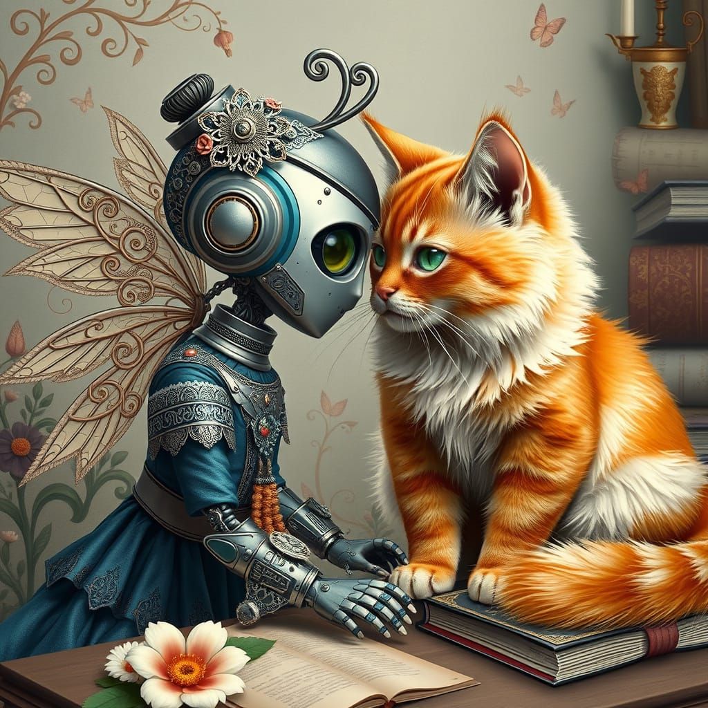 Steampunk Robot and Cat in Futuristic Setting