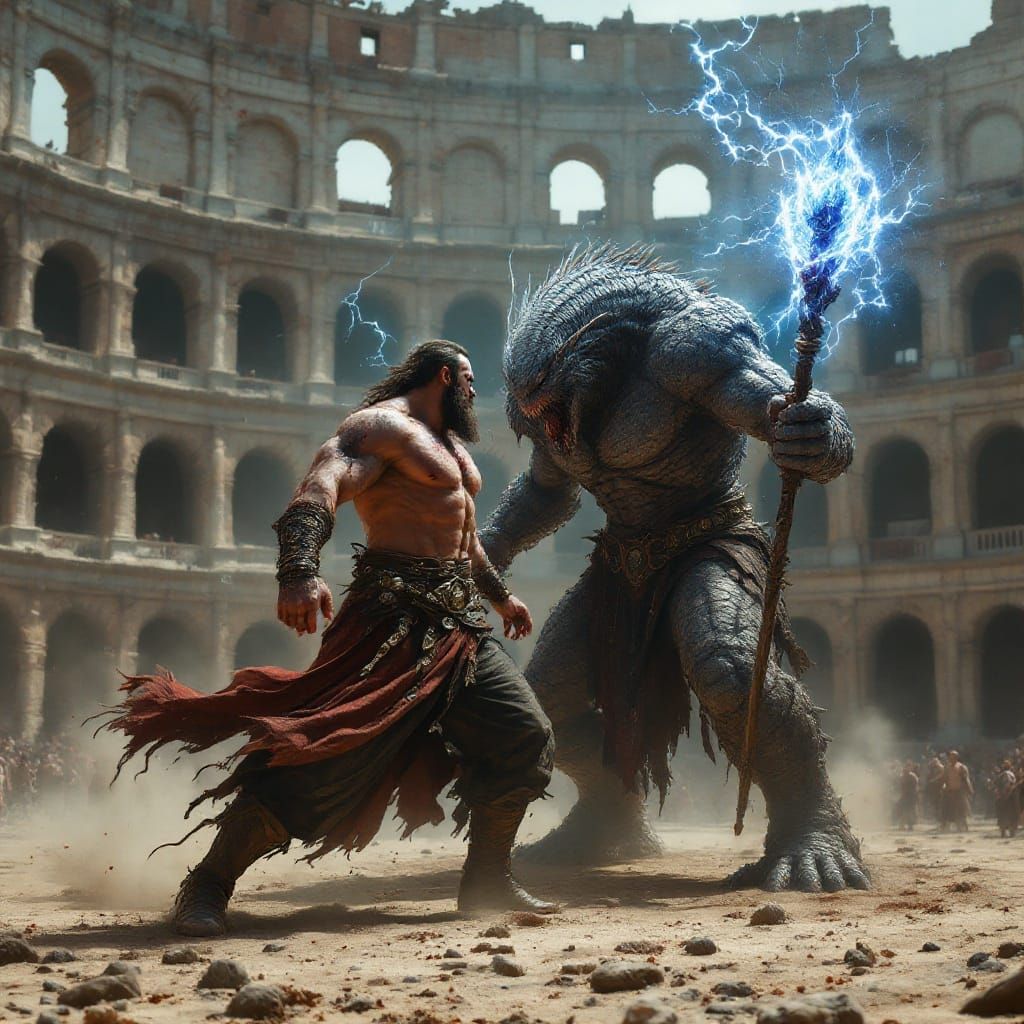 Epic Fantasy Battle in Ancient Roman Colosseum