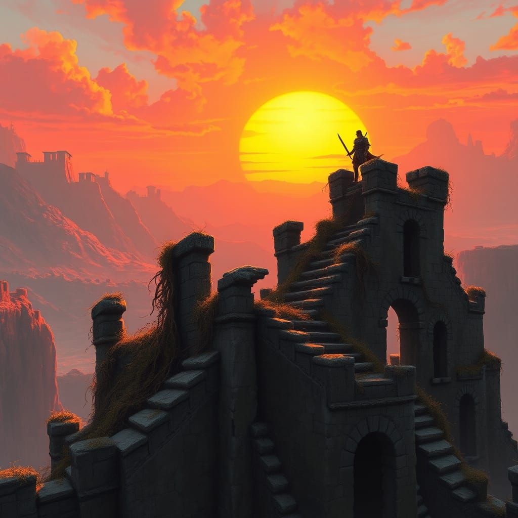 Lone Warrior at Sunset in Fantasy Illustration Style