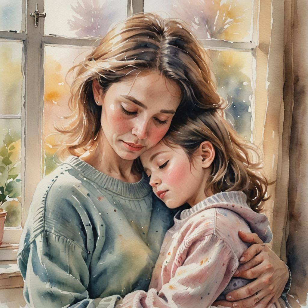 Watercolor Portrait of Child Sleeping in Mother's Arms