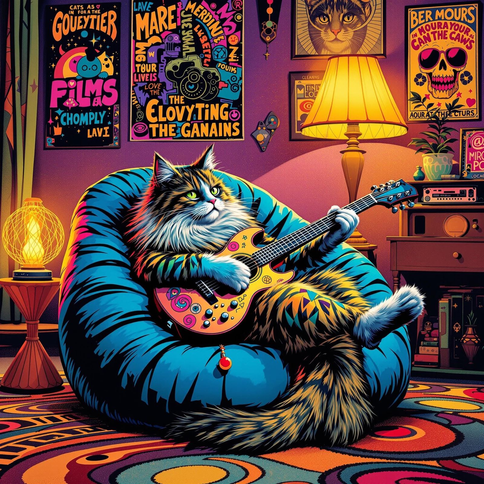 Groovy Cat Lounging in a Retro 70s Living Room
