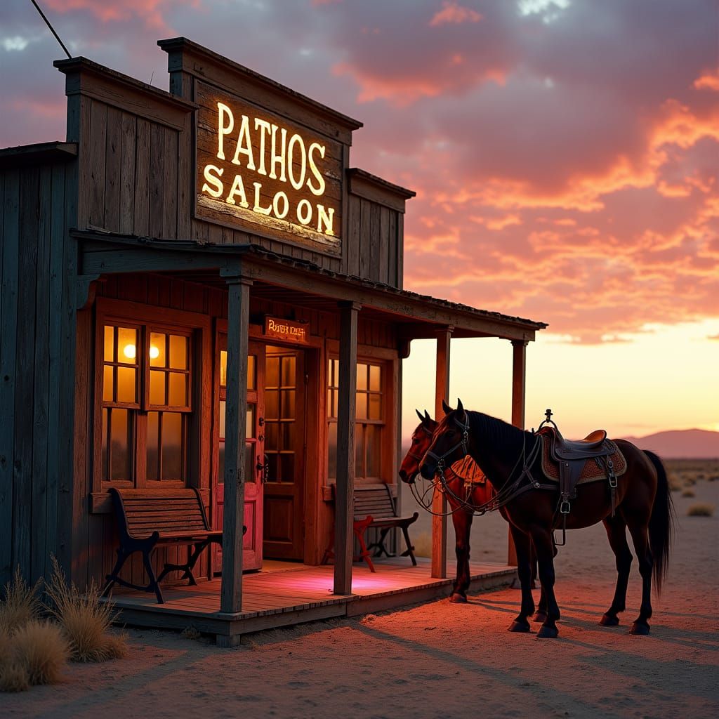 Old west saloon exterior in a western town, two horses tied ...