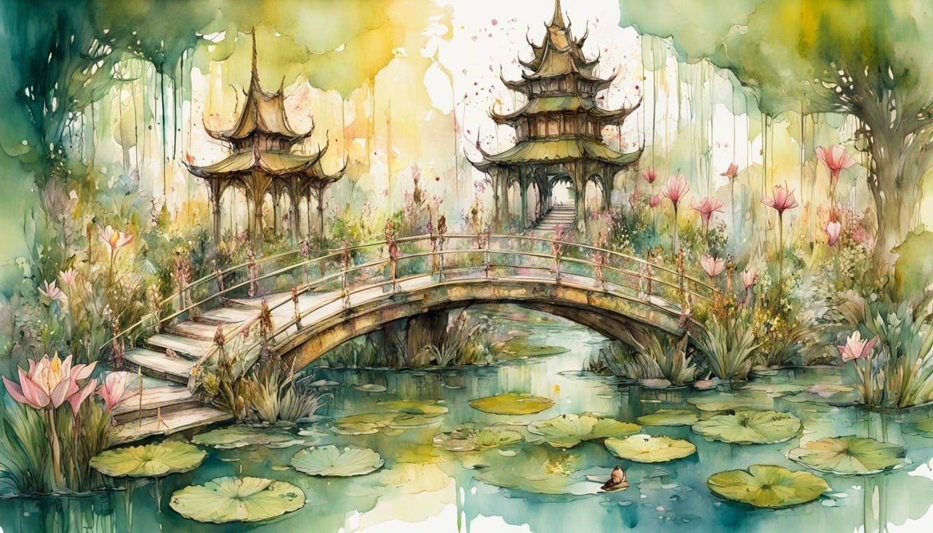 Enchanting Pagodas and Lily Ponds in Watercolor