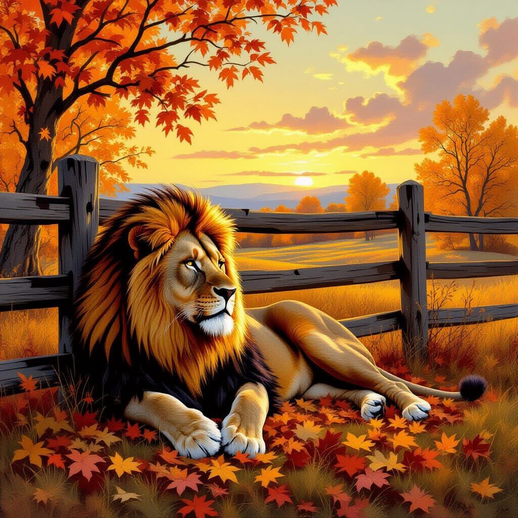 Weary Lion Rests in Golden Autumn Landscape
