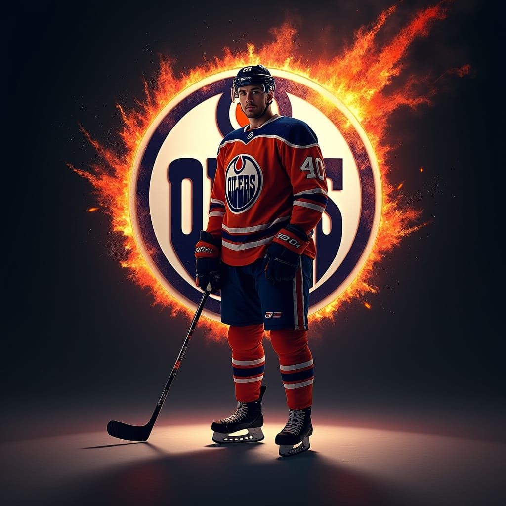 Edmonton Oilers Player Amidst Fiery Logo