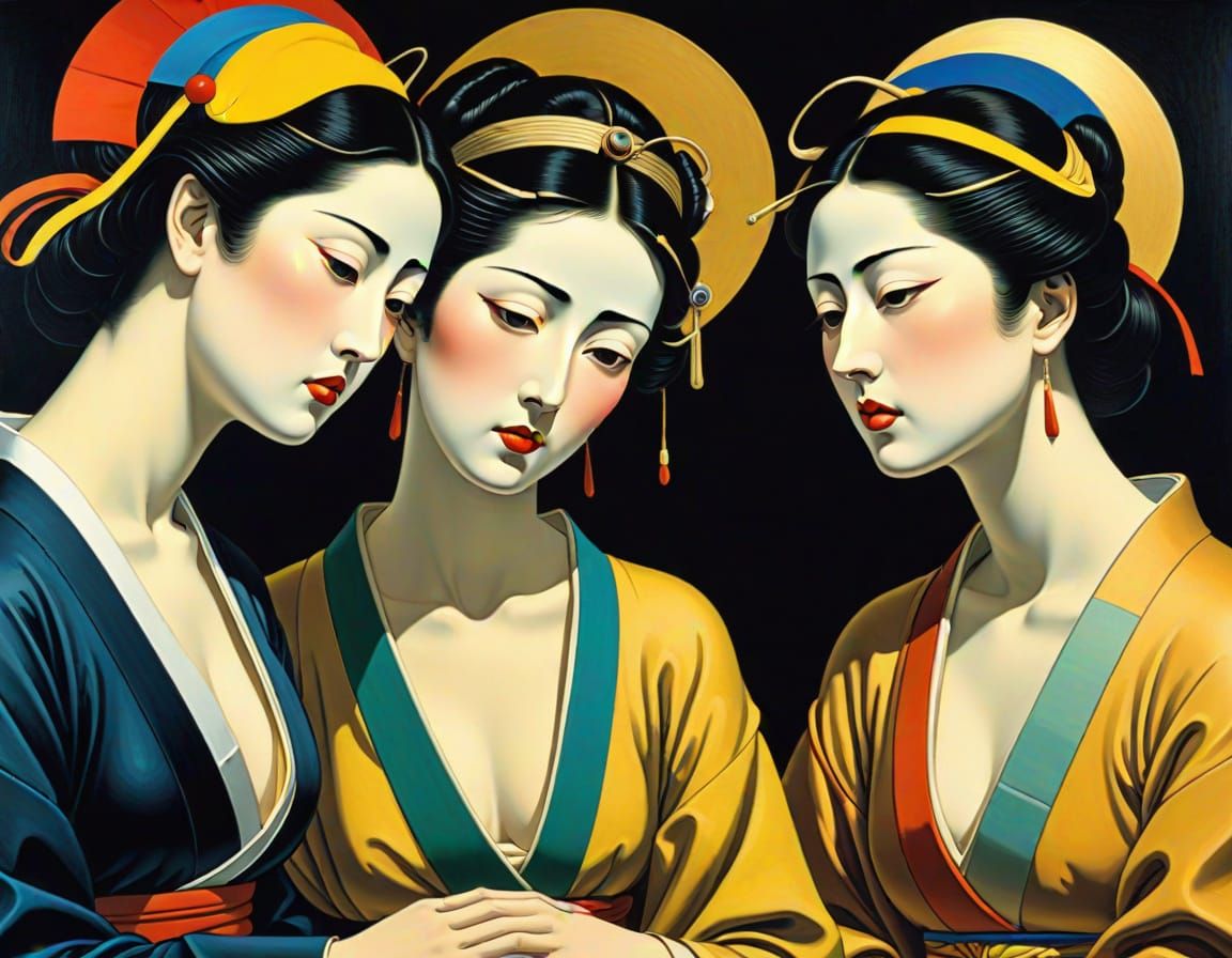 Sisters of Mercy: Surrealist Oil Painting in Symbolist Style