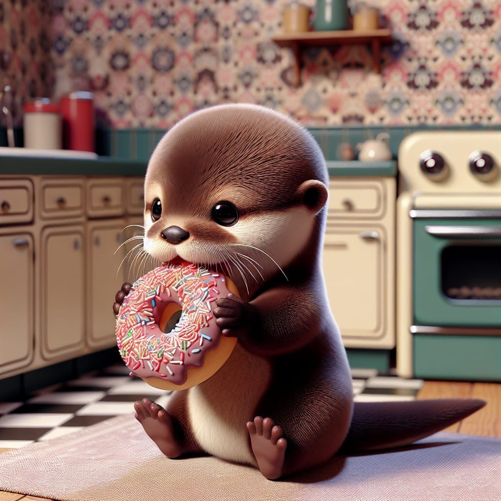 Adorable Chibi Otter Breakfast in 1950s Kitchen
