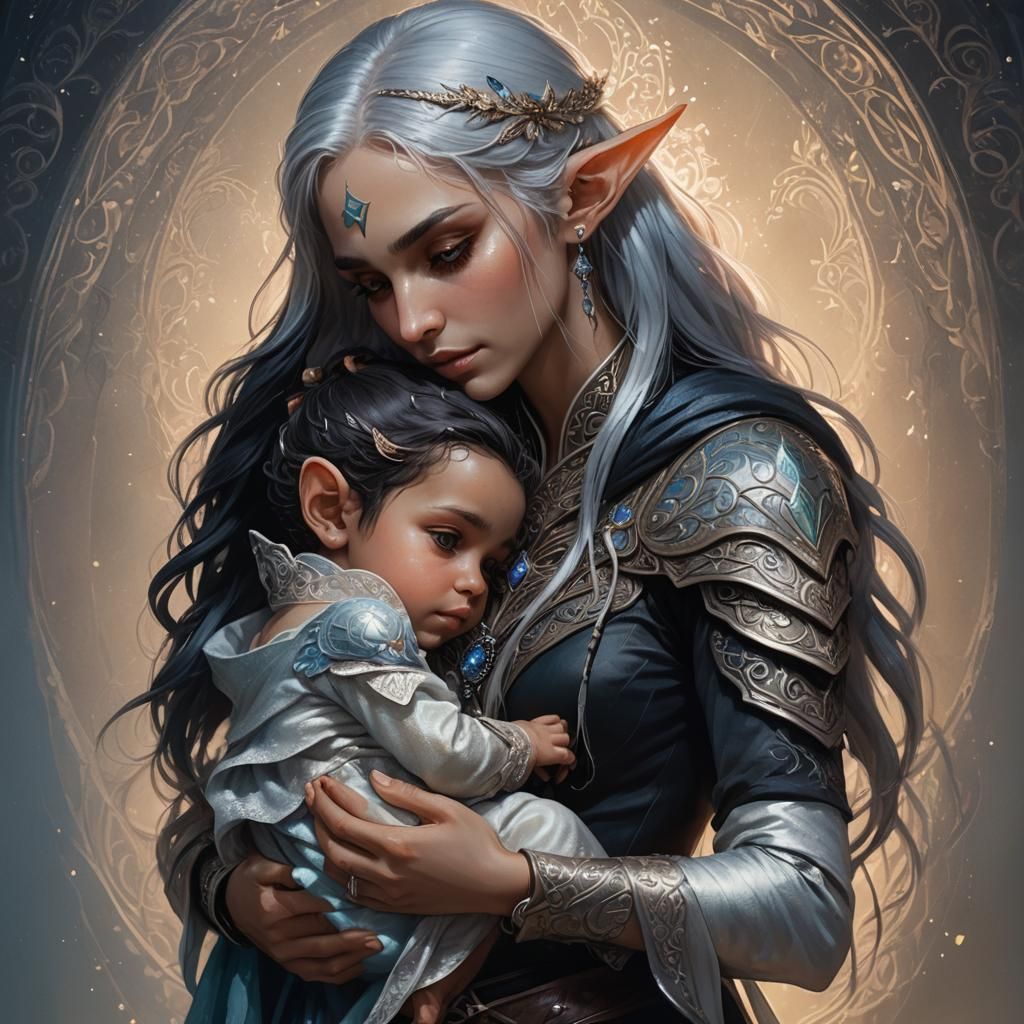 female elf with long flowing silver hair, blue eyes, and gor...