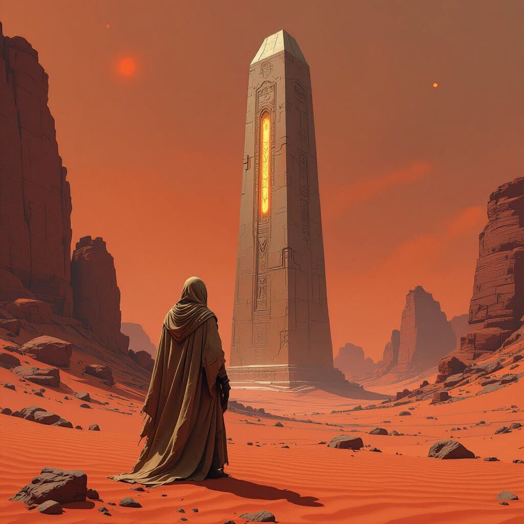 Crimson Desert Obelisk: Surreal Sci-Fi Wanderer