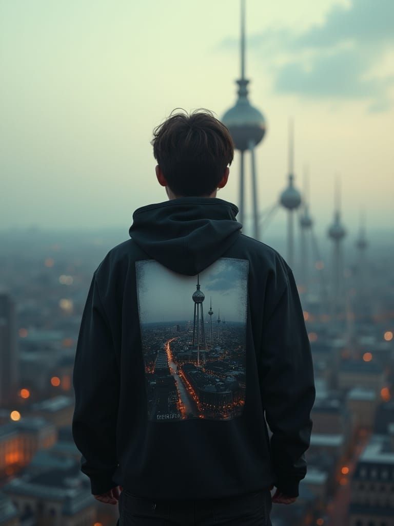 Brussels Cityscape View with Teen in Hoodie