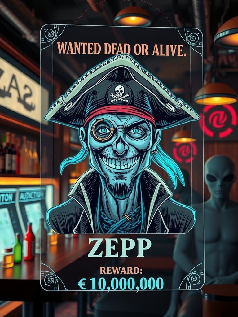 Steampunk Pirate Wanted Poster in Cyberpunk Bar