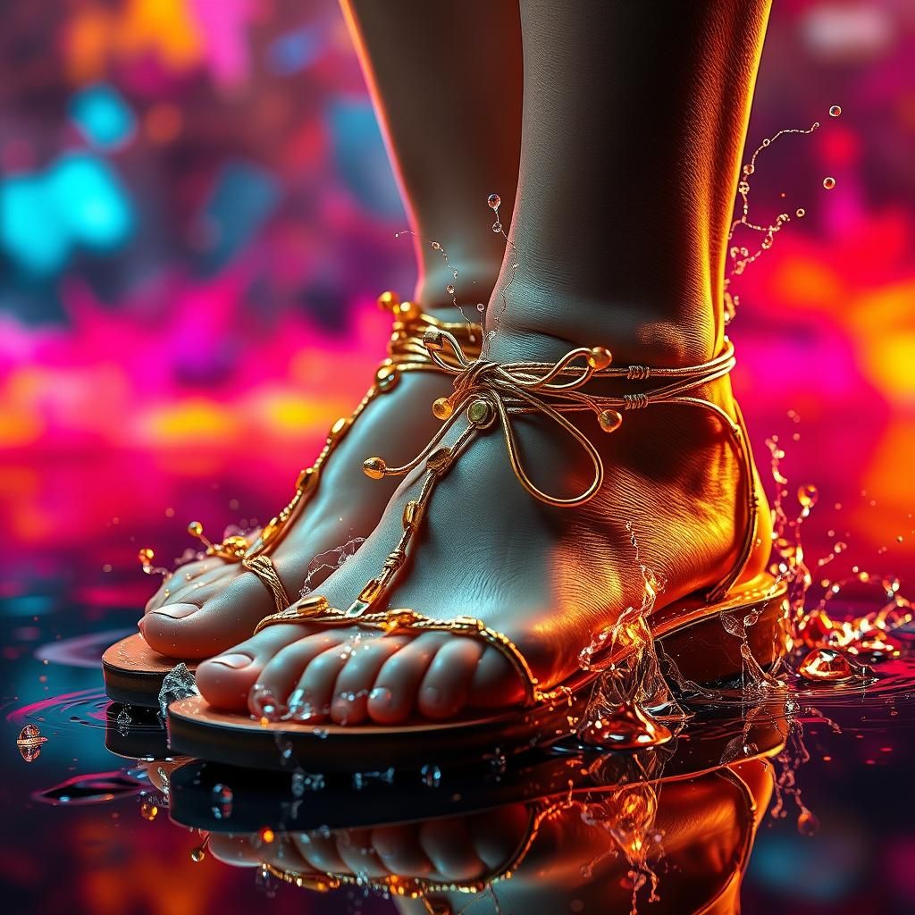 Surreal Goldwired Sandals in Splash Art Style