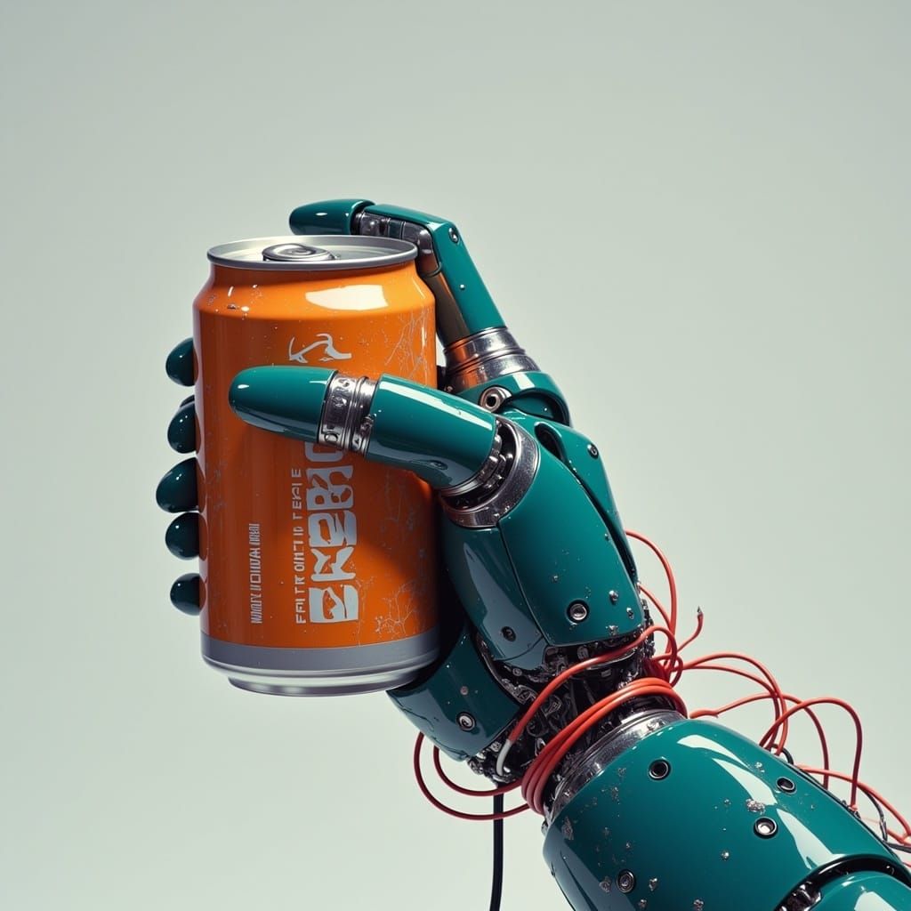 Robotic Hand Holding Energy Drink in Comic Style