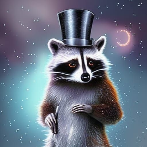 Raccoon wearing a Super fancy top hat& Super cute vibes& very look realistic raccoon& Aurora borealis background