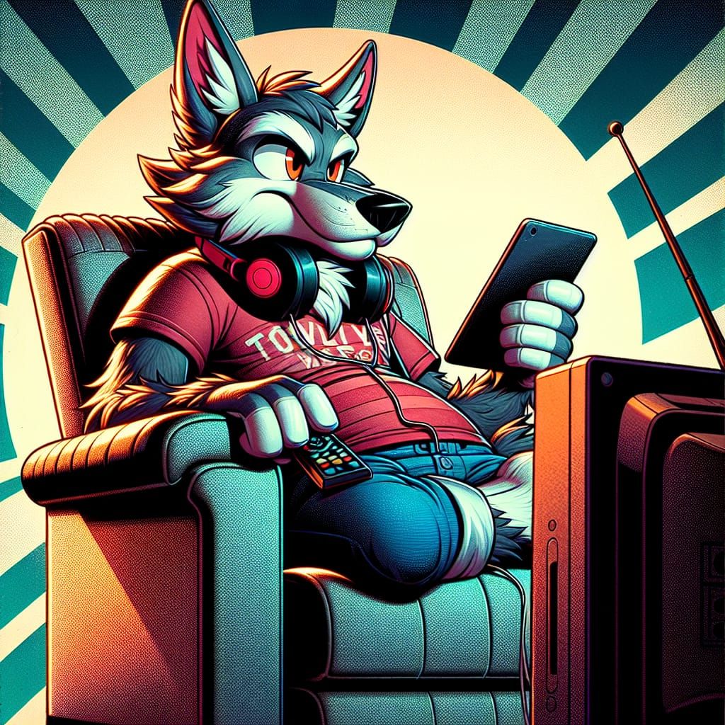 Cartoon Wolf Lounging, Digital Art in Classic Animation Styl...