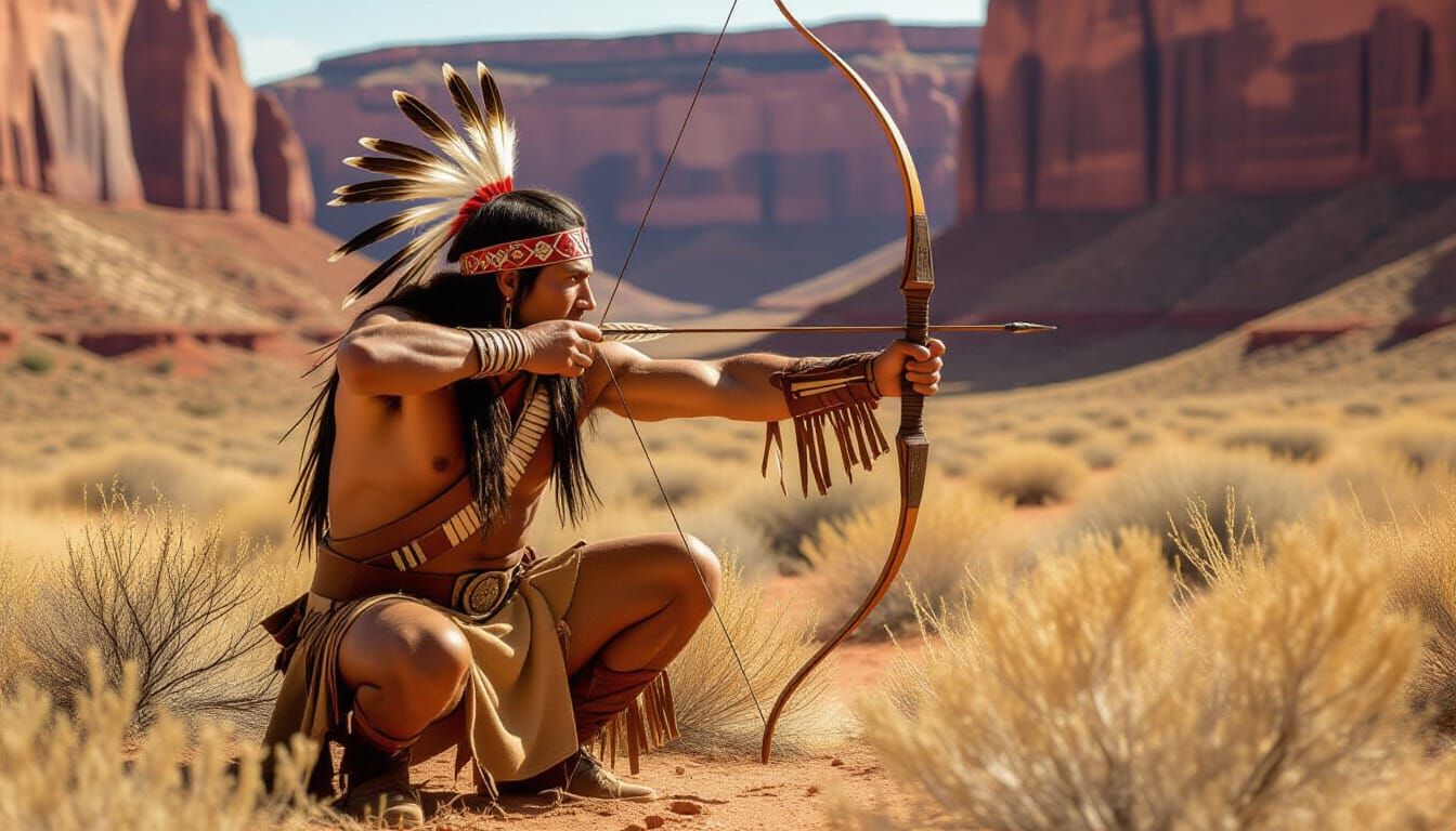 (Stealthy pursuit:1.3) photo of a striking Apache warrior, her dark eyes locked on her prey, crouched low in the desert ...