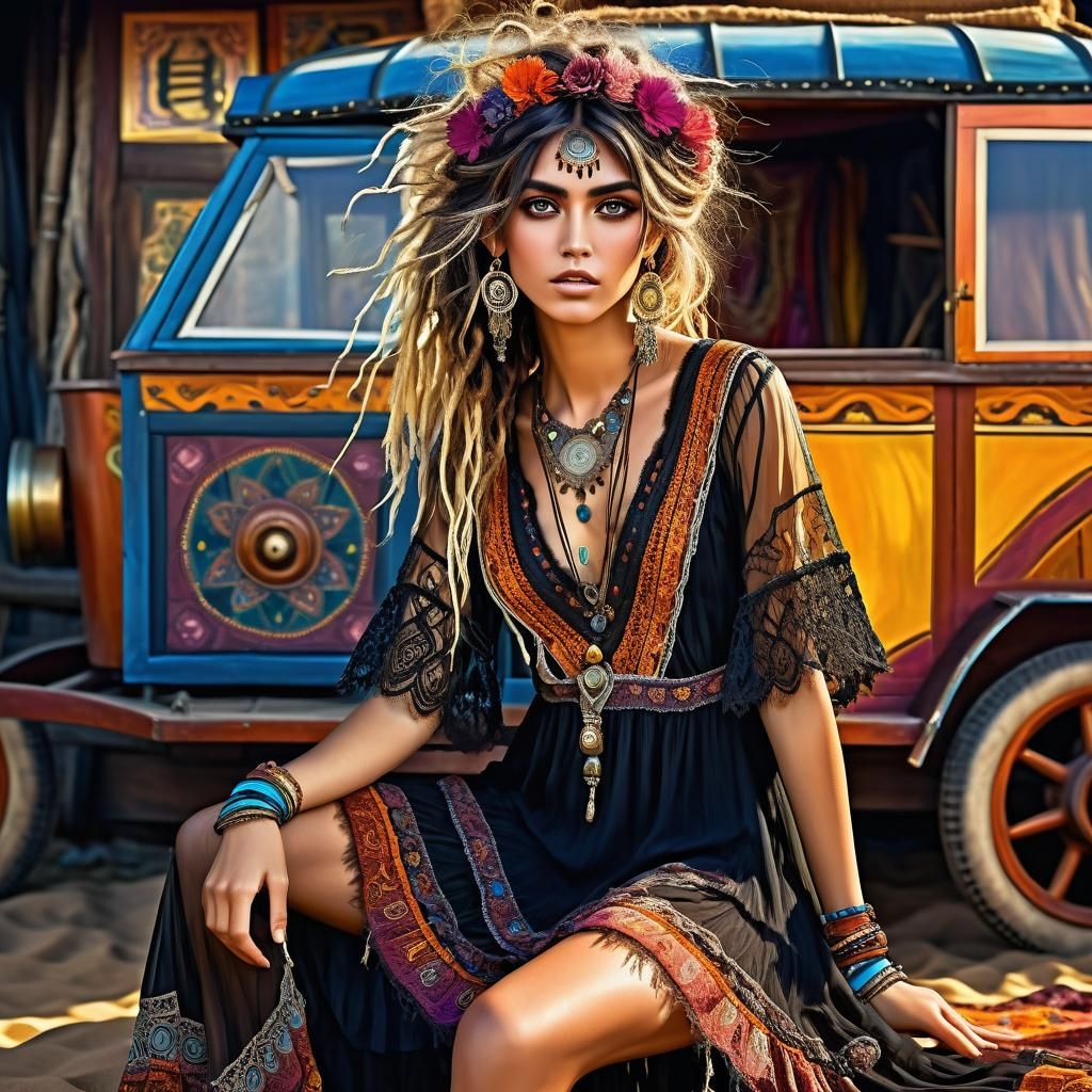 Boho Gypsy Beauty in Anime Oil Painting