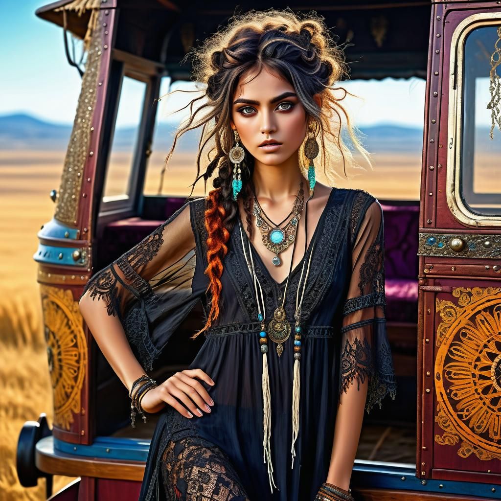 Boho Gypsy Woman in Art Nouveau Style