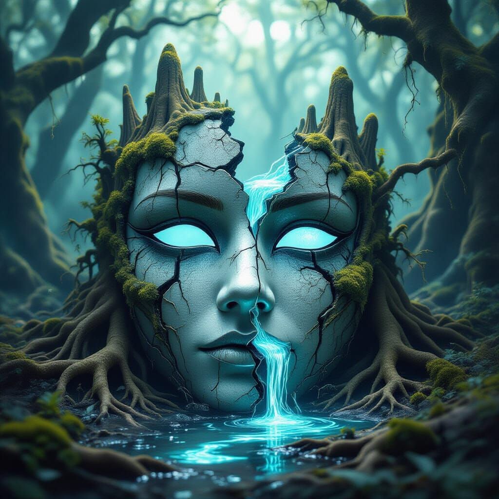 Fractured Mask Reveals Organic Labyrinth of Roots and Towers