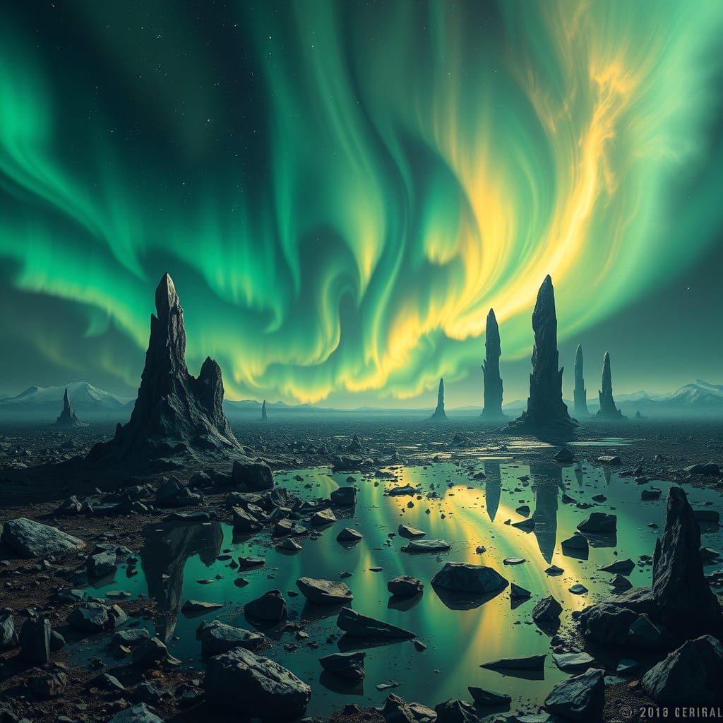 Aurora Borealis on Alien Planet in Cosmic Surrealism