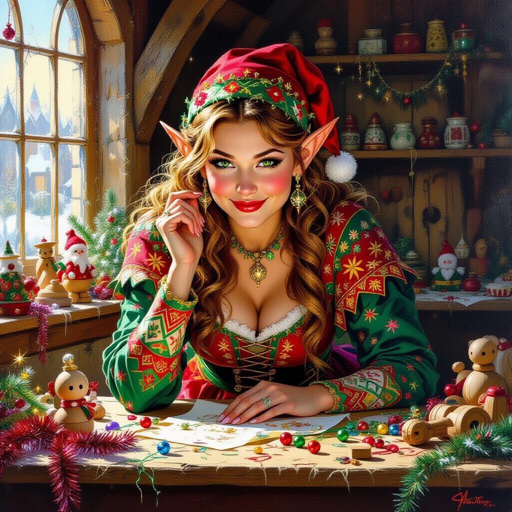 Curvaceous Elf at Christmas Toy Workbench in Oil Painting St...