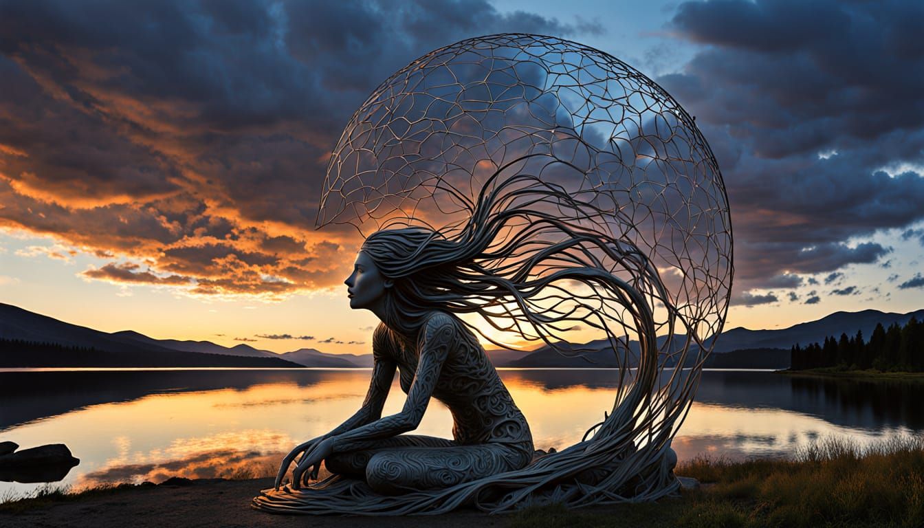 Surreal Fragmented Sculpture of Woman at Sunset