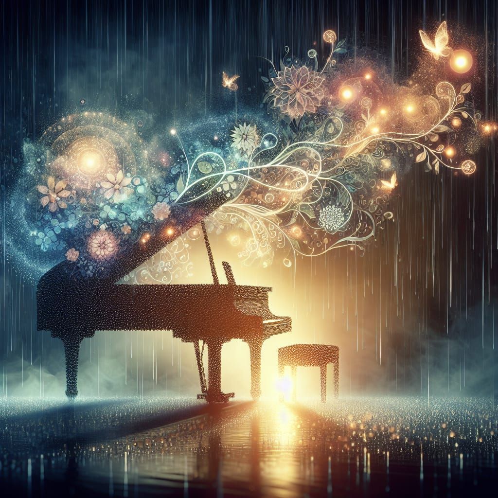 A serene silhouette of a piano against a backdrop of falling...