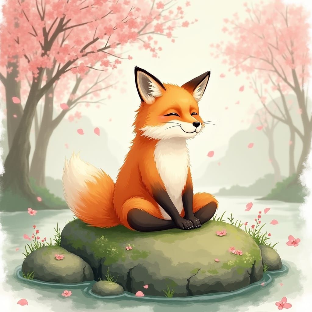 Wise Fox Meditating in Zen Garden