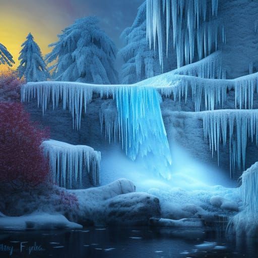 Colorful Sunset Over a Frozen Waterfall
