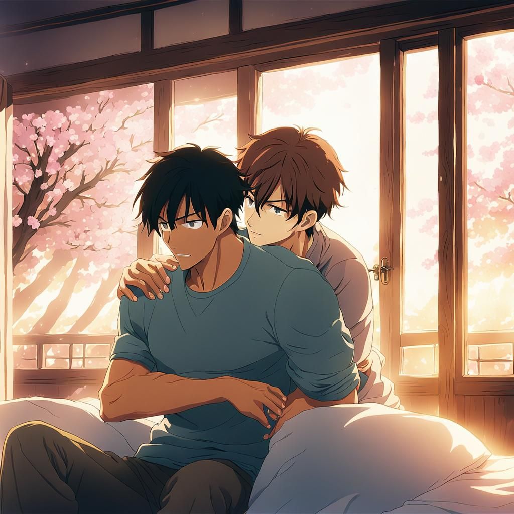 Serene Anime Moment: Gentle Hug Under Sakura Blossoms