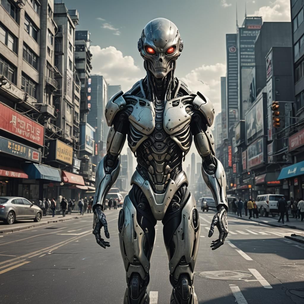 Hyperrealistic Alien Cyborg in Sci-Fi City