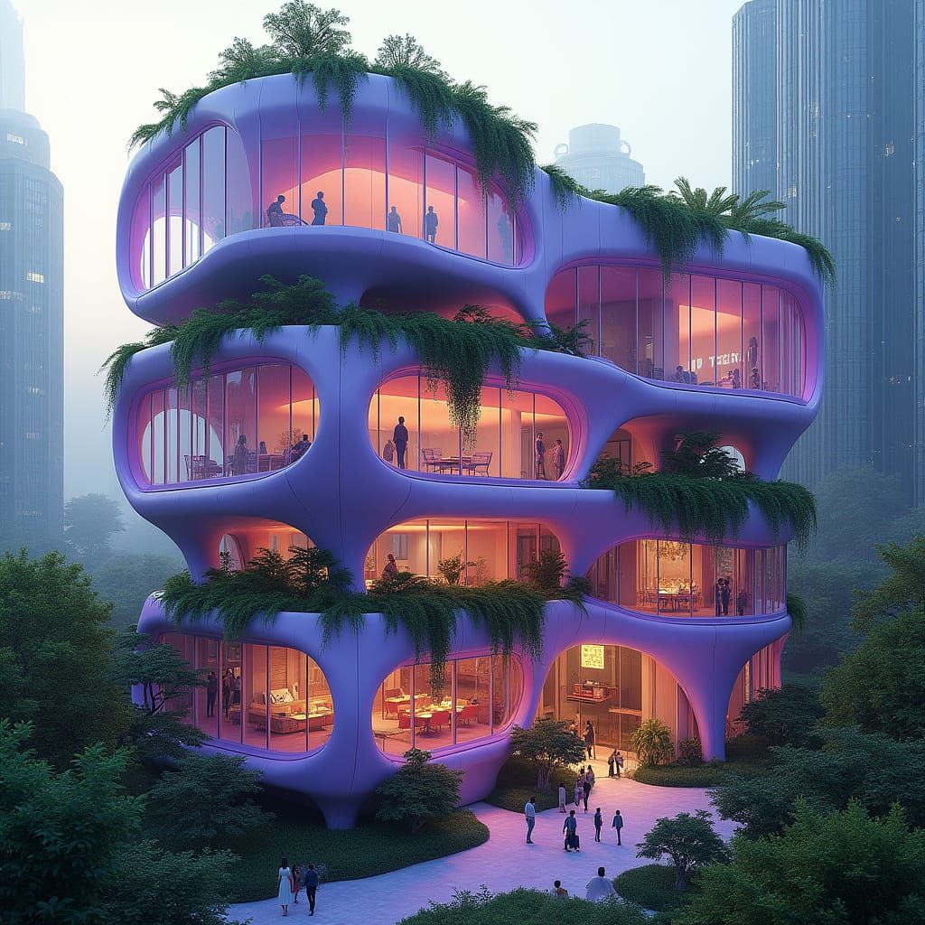 Futuristic Organic Architecture with Vibrant Greenery and Mo...