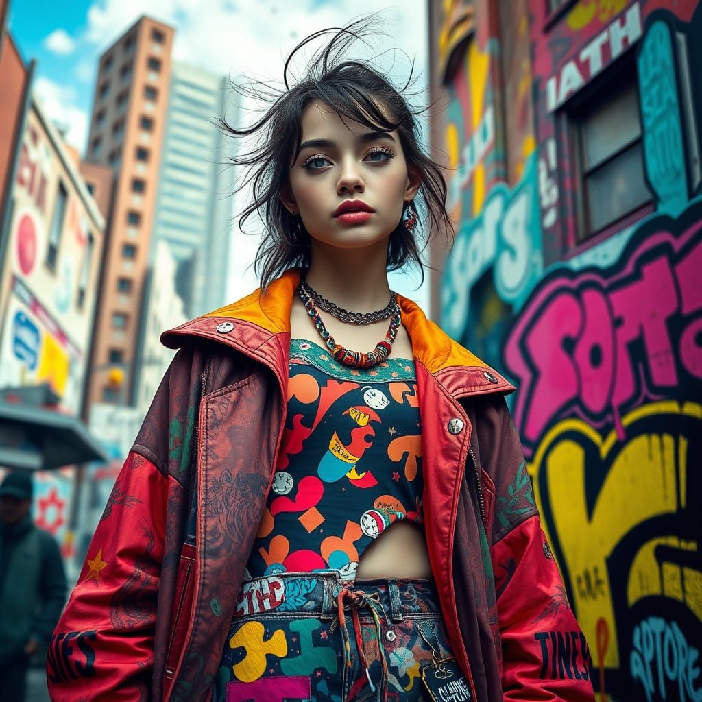 Eclectic Young Woman in Urban Street Art Style