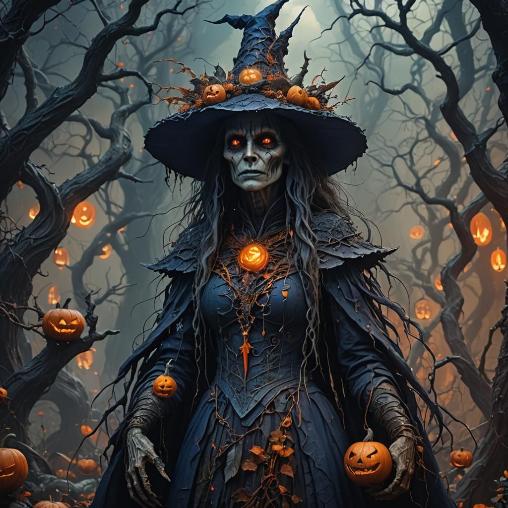 Horrific Halloween Witch in Dark Fantasy Garden