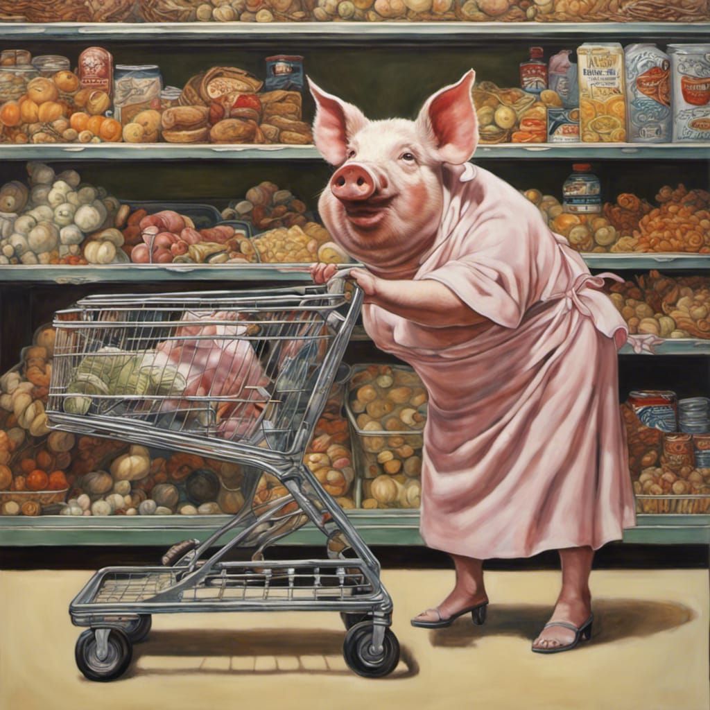 Anthropomorphic Pig in Supermarket, Rockwell Style