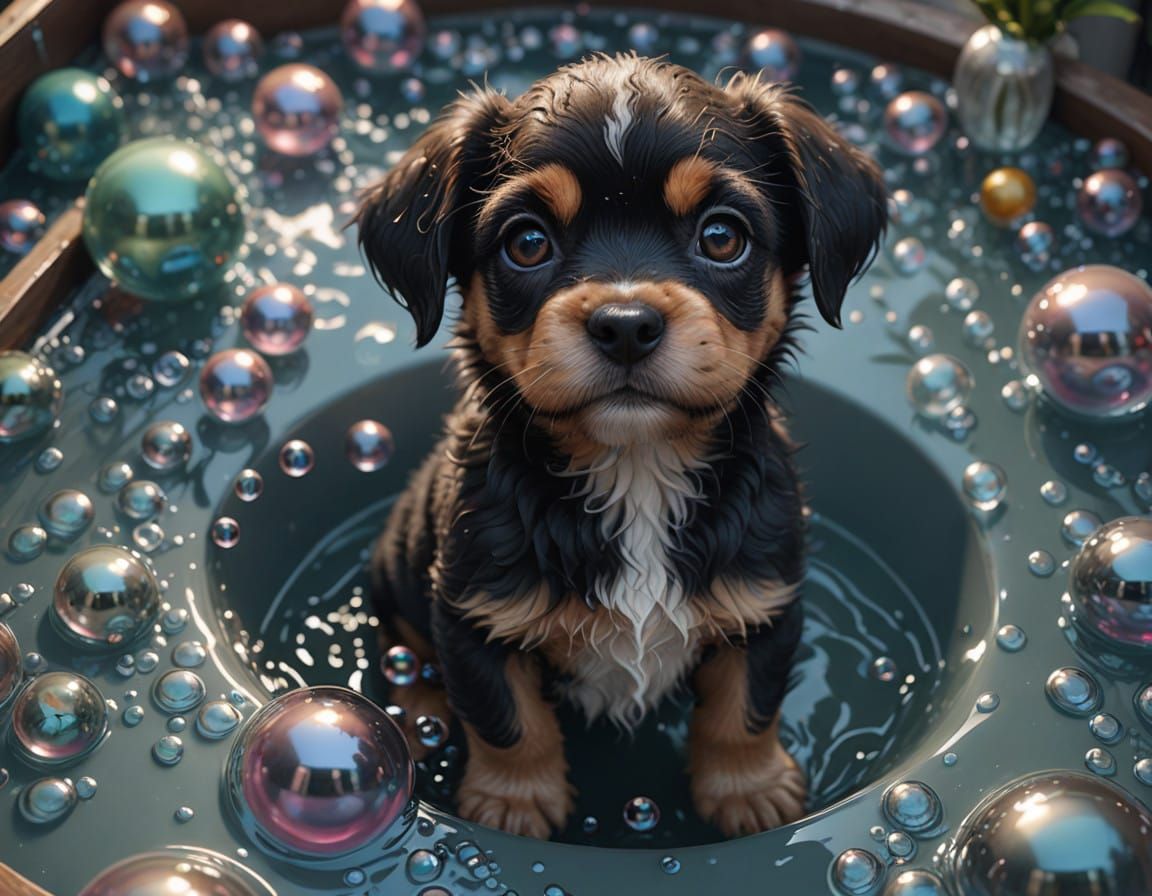 Surreal Puppy Contemplates in a Sea of Bubbles