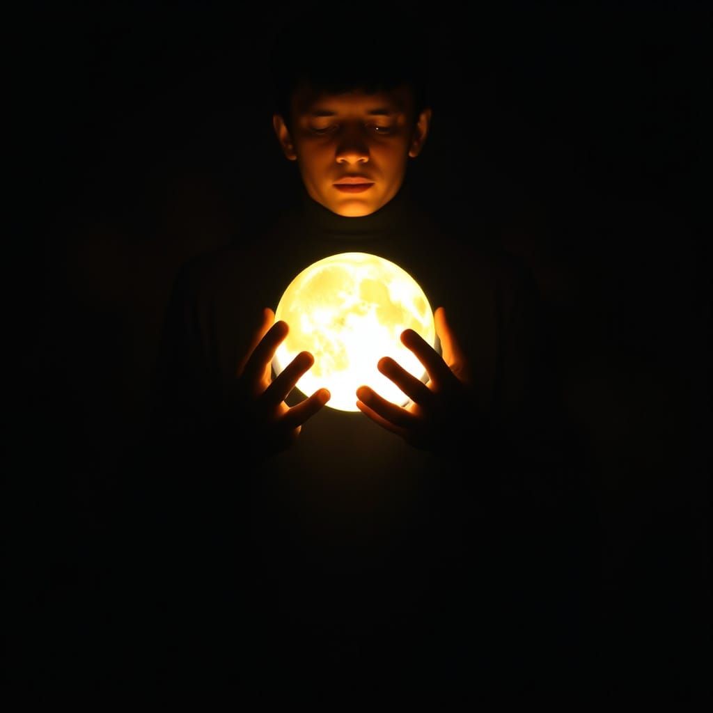 Mystical Portrait of Figure Holding Glowing Moon