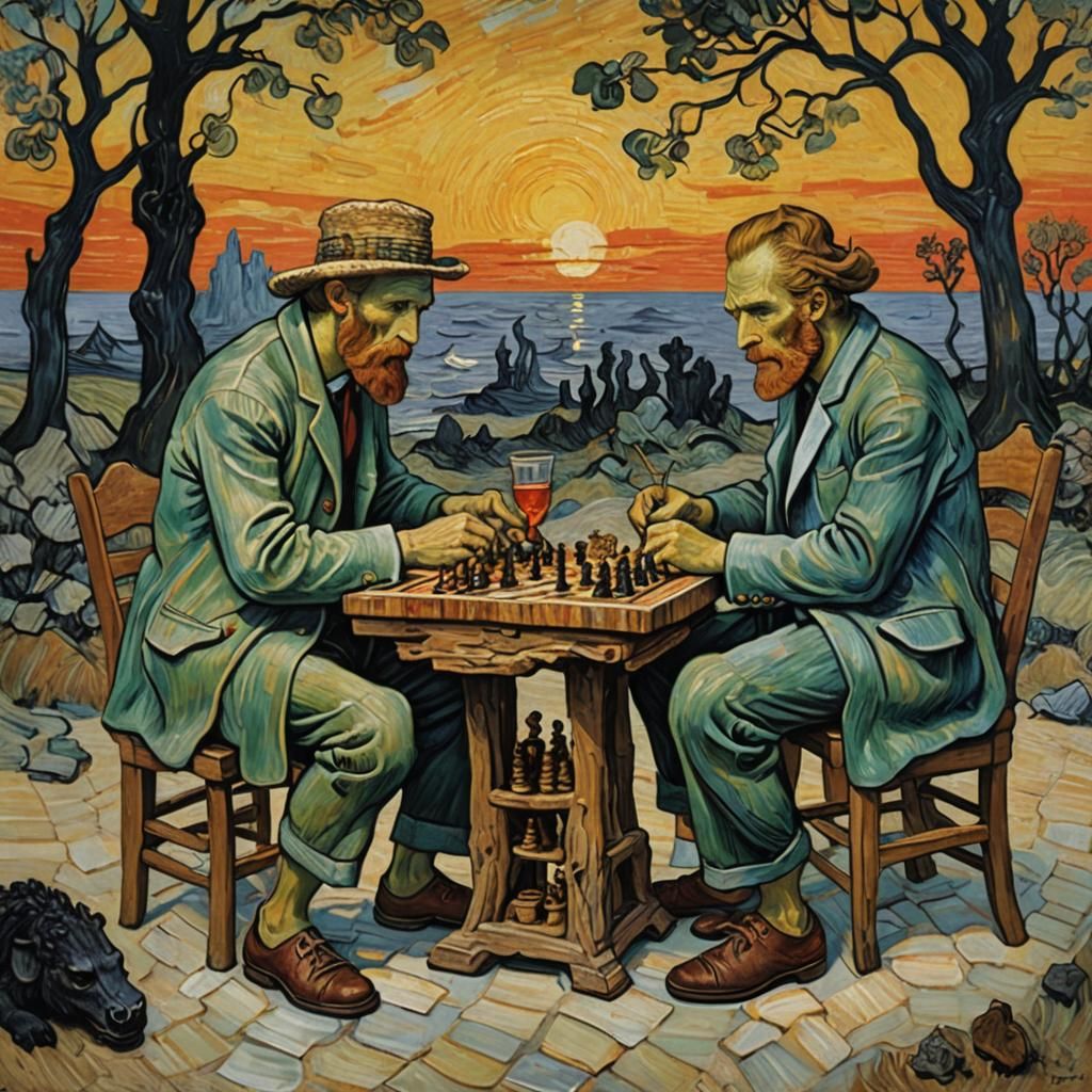 Prehistoric Chess Game in Van Gogh Style