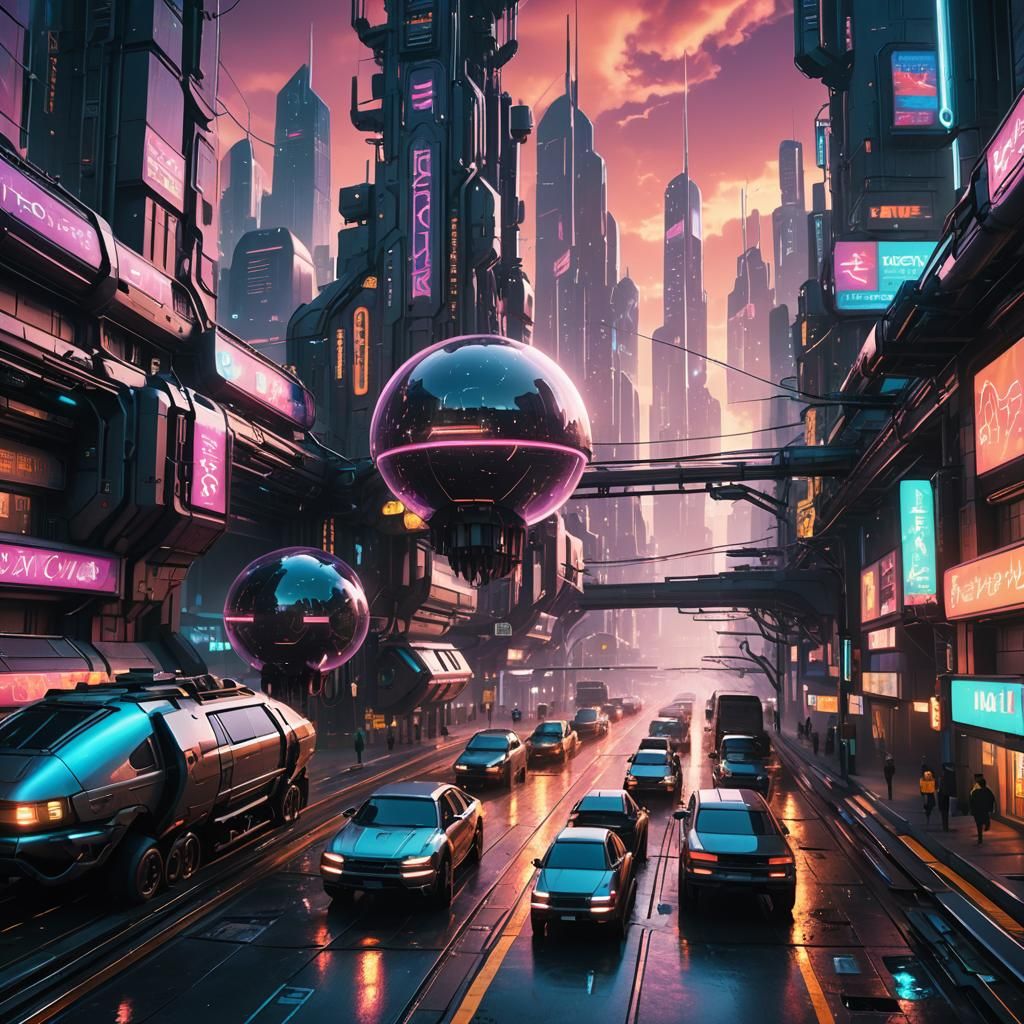 Cyberpunk Cityscape with Electric Lights and Rails