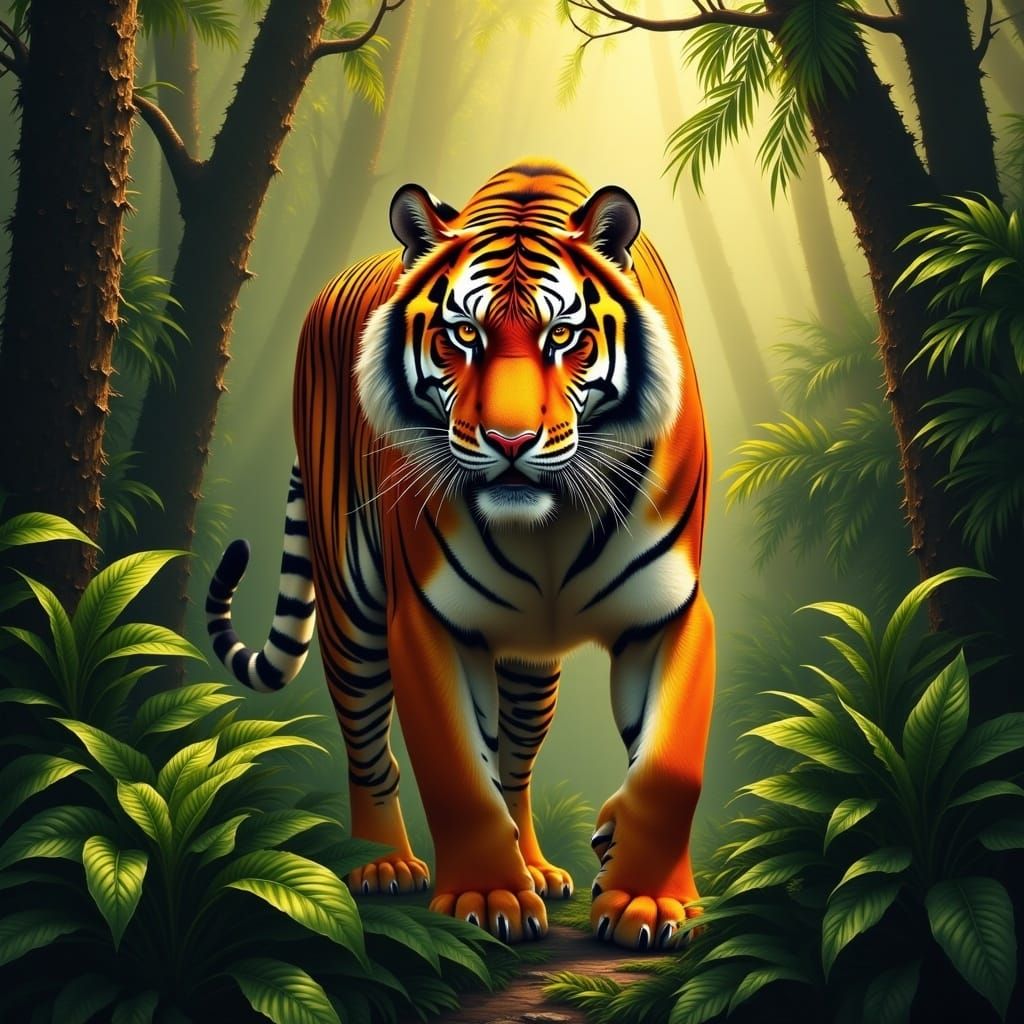 Majestic Tiger in Lush Jungle, Photorealistic Style