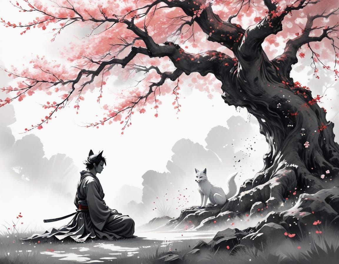 Samurai Meditating Under Cherry Blossom Tree with Kitsune