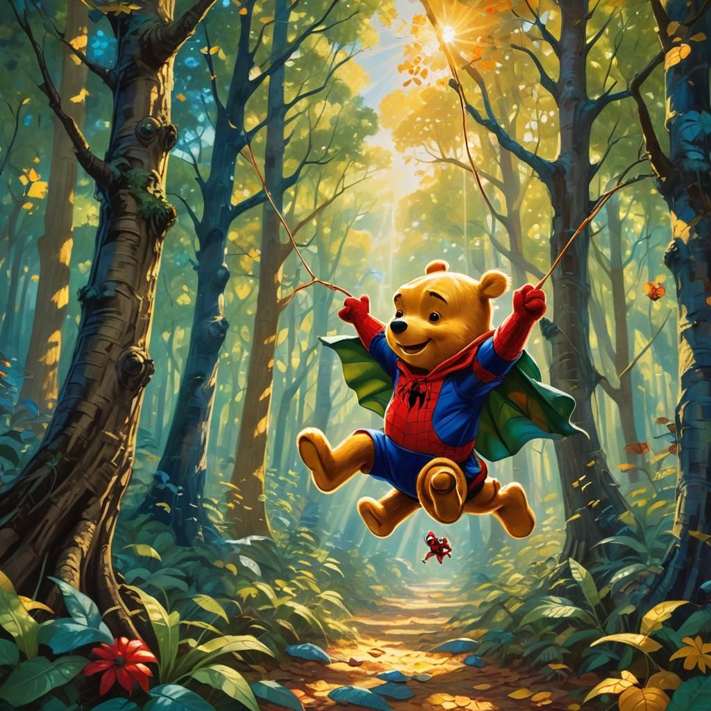 Winnie the Pooh as Spiderman in Oil Painting