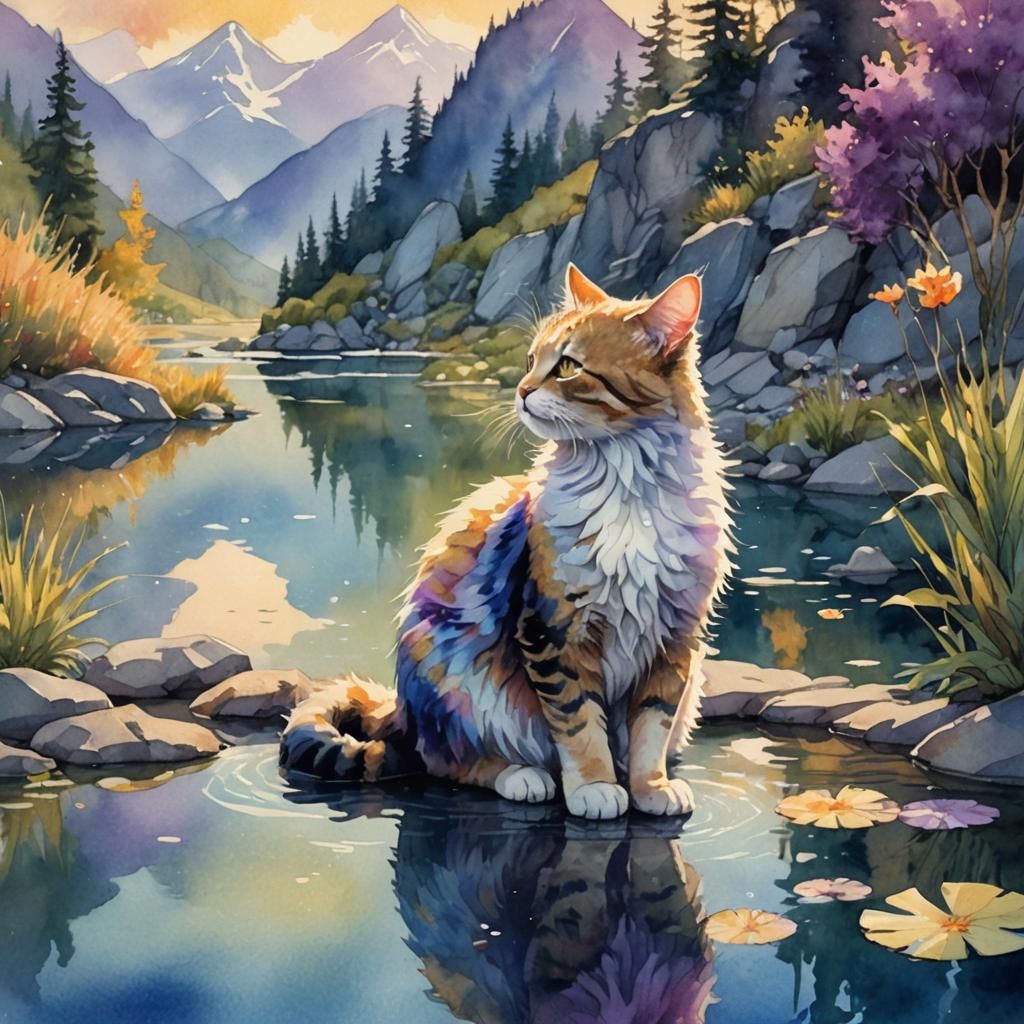 Cat Contemplates Reflection in Mountain Pond, Watercolor Sty...