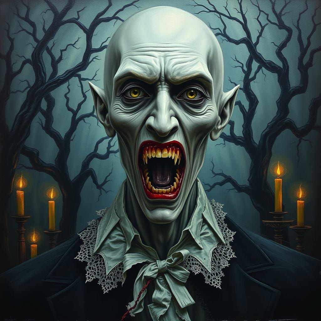 Macabre Vampire Figure in Gothic Horror Landscape