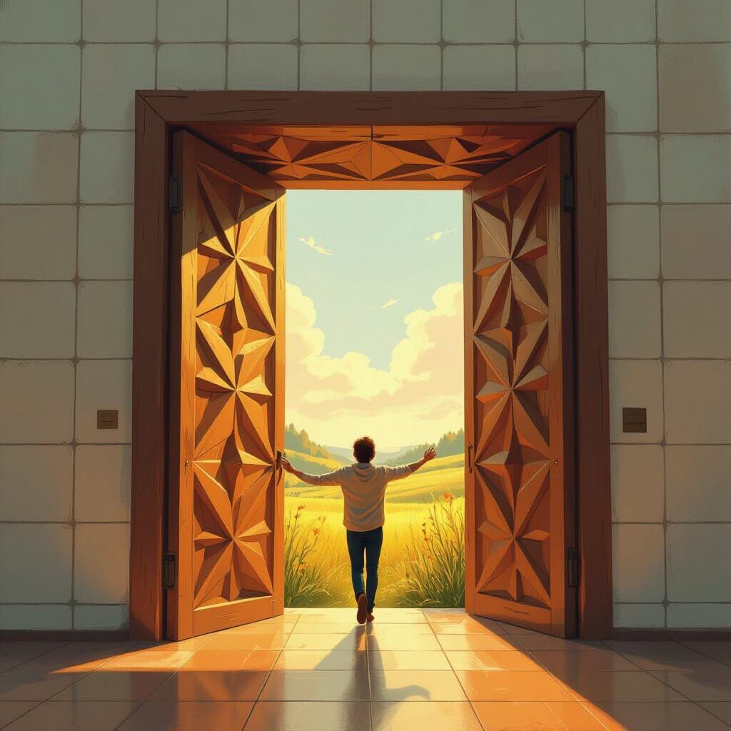 Person Opens Geometric Door to Sunlit Meadow