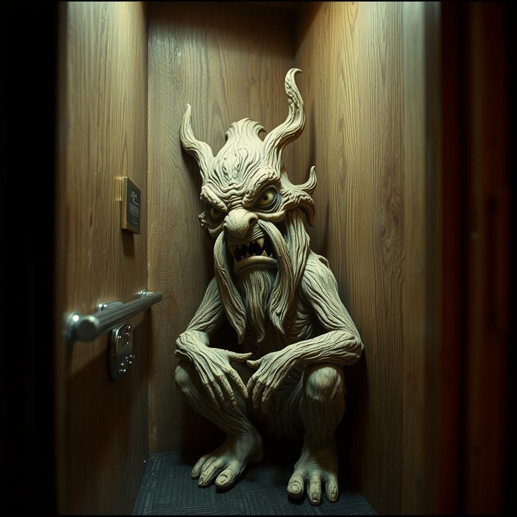 Eccentric Wooden Teppentotti in Elevator: Cinematic Still