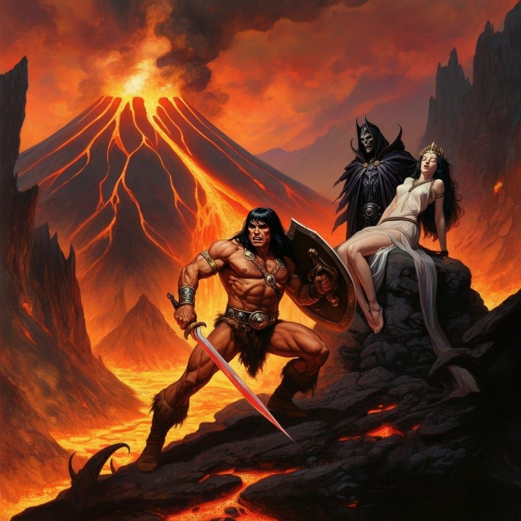 Conan Battles Wizard at Fiery Volcano