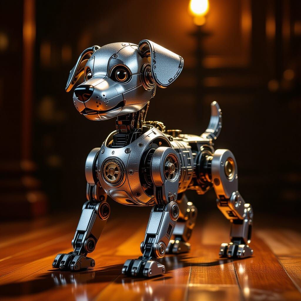 Intricate Wooden Automaton Robot Dog in Steampunk Style