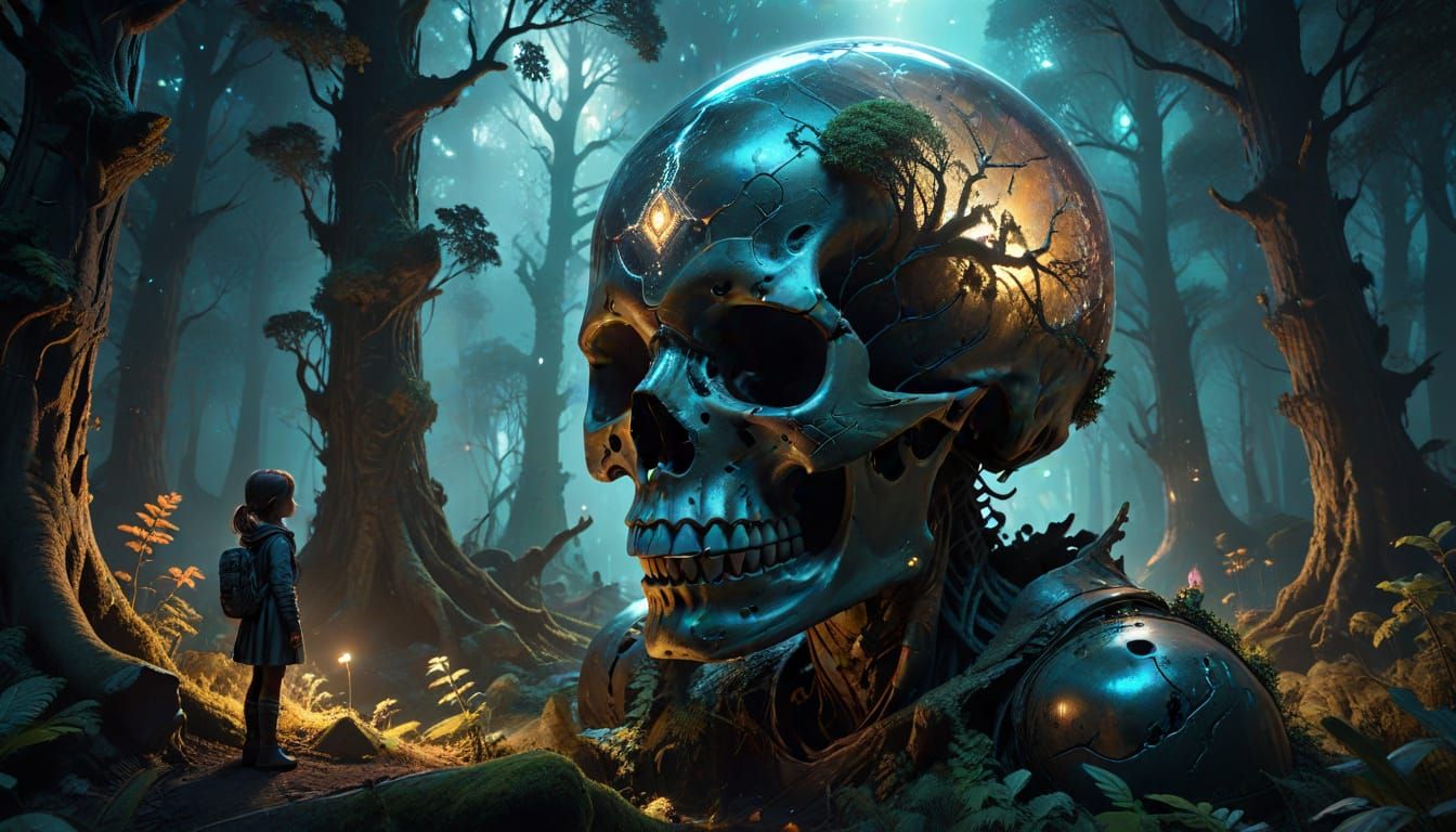 Girl Astronaut on Skull in Gothic Forest